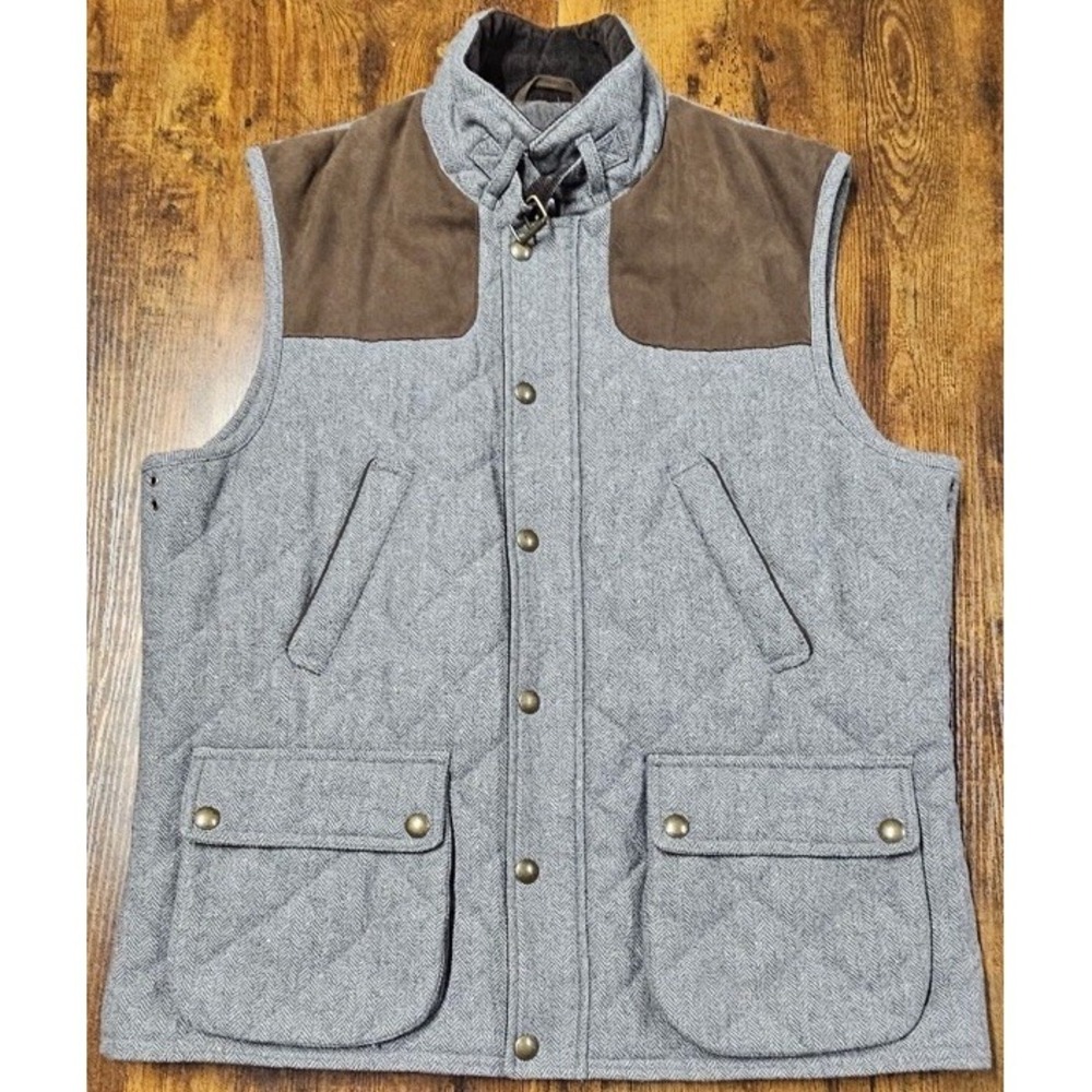 Jos A Bank 1905 Men XL Gray Herringbone Wool Quilted Field Vest Brown Yoke